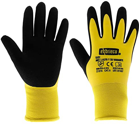 EXBRIECO, Guantes de Protección CAT 2, Guantes de Trabajo Ideales para Fontanería, Mecánica, Bricolaje, Construcción en Poliéster y Látex, Ligeros, Cómodos, Anti Deslizantes, 1, 3, 6 o 12 Pares