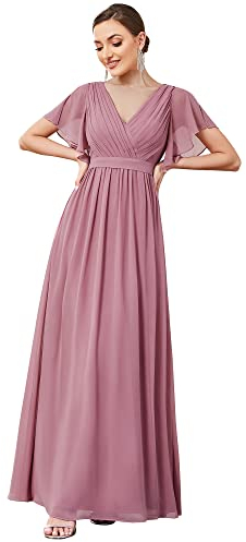 Ever-Pretty Damen Bodenlang Abendkleid Gürtel A-Linie Empire Kurze Ärmel V-Ausschnitt Chiffon Orchidee 46EU