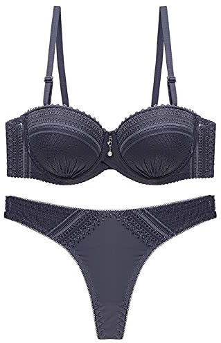 Necalisi Bra Lingerie Sets Grey Women's Lace Bra Soft Mesh Underwired Bra Unlined See Through Bralette Balconette Bra 80B