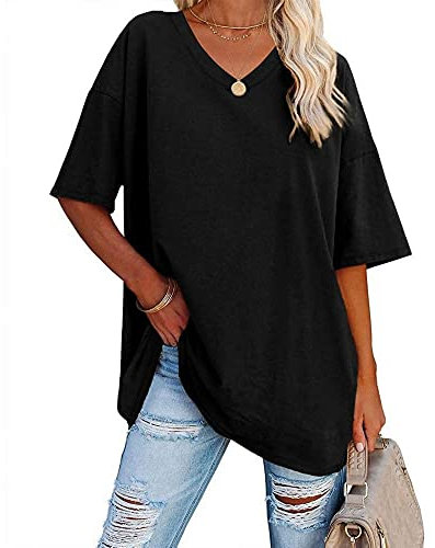 Famulily Summer Oversized T Shirt Short Sleeve Top for Women Casual Half Sleeve T Shirt Tops Women Loose Fit Black L