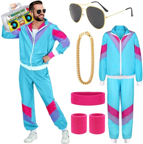 YADODO 90s 80s Fancy Dress Men Women with Accessories 80s Shell Suit 80s 90s Fancy Dress Costumes for Men Couples Stag Do Outfit Disco 80s Dress up Costume Hip Hop Retro Tracksuit Adult Jacket Trouser