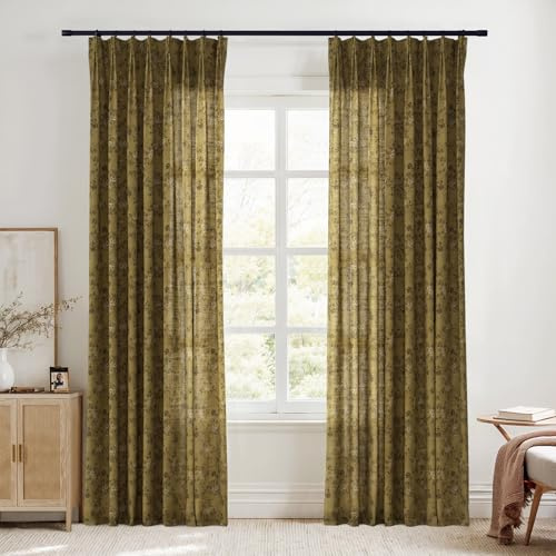 TWOPAGES Pinch Pleat Floral Curtain 84 Inch Long Light Filtering Privacy Drape Linen Textured Printed Curtain for Kitchen Bathroom (Copper, 26W x 84L Inches, 1 Panel)