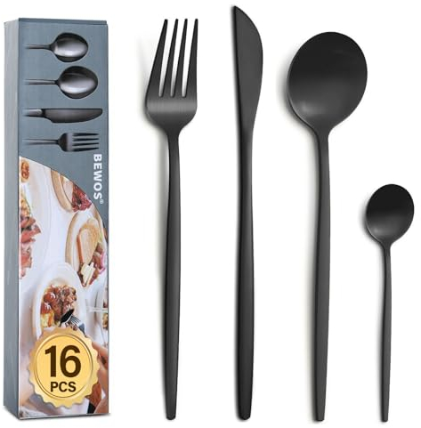 BEWOS 16 Piece Black Cutlery Set for 4, Cutlery Includes Forks, Steak Knives and Spoons, Dishwasher Safe Tableware for Home Restaurants, Knife and Fork Sets Food-Grade Stainless Steel
