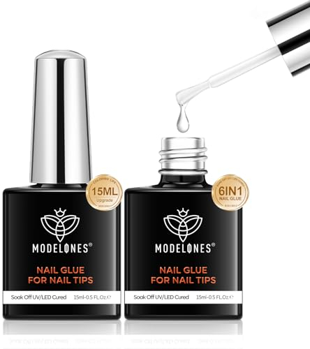 modelones Nagelkleber für Kunstnägel, 6 in 1 Nail Glue für Nagelkleber für Tips-Glue Gel Press on Nails-Nageltips-Nail Tips-uv Nagelkleber- Brauchen Aushärten unter UV Nagellampe-Nail Art 2x15 ML