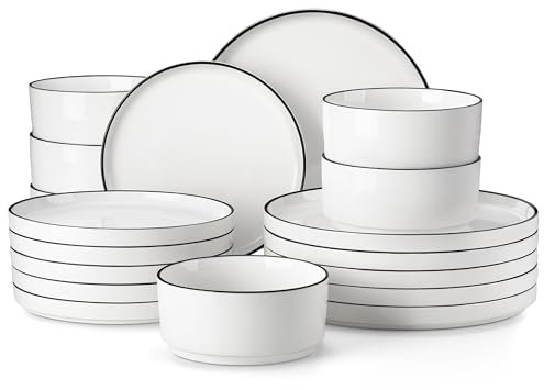 MALACASA 18 Pieces Porcelain Dinnerware Set, Dish Set for 6, Premium Plates and Bowls Sets, Chip and Scratch Resistant Dining Ware Set, White with Black Rim, Series LEAH