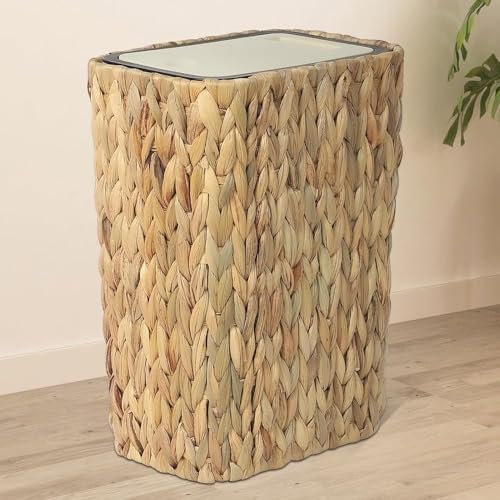 Mülleimer Küche Boho, 12 Liter Mülleimer mit Pop-up Deckel, 2 in 1 Rattan Papierkorb & Mülltonne, Klein Mülleimer Bad, Geruchsdicht Mülleimer, Beige Trash Bin, Schmal Abfalleimer für Badezimmer, Büro