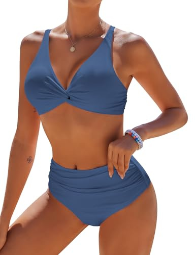 AI'MAGE High Waisted Bikini Set Women Sexy Halter Neck 2 Piece Swimsuit Marine Blue S