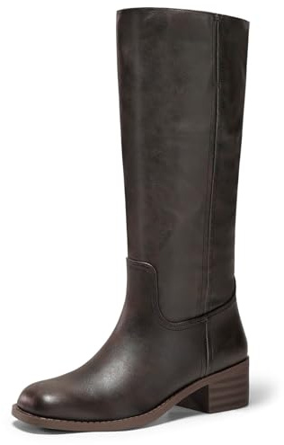 Coutgo Women's Knee High Boots Square Toe Chunky Block Heel Tall Boots Comfortable Low Heel Shoes, Blackish Brown, Size 7