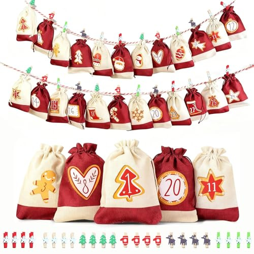 Mocrop 24 Pièces Calendrier de L'avent 2025, 13 X 18cm Pochette Calendrier de L'avent Vide À Remplir, avec Clips de Noël Colorés, 10m de Cordes, Avec Motifs Imprimés, Grande Capacité