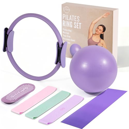 9pcs At Home Pilates Kit for Women Pilates Set Includes 14” Pilates Ring Magic Circle with Dual Padded Handles - Small Pilates Ball Highly Elastic Exercise Resistance Bands Pilates Accessories