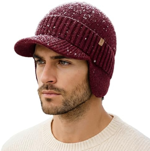TOP-EX Bonnet d'hiver unisexe imperméable 80 % laine mérinos avec visière et cache-oreilles, doublure en polaire chaude, idéal pour le temps froid et les sports de plein air, Bordeaux_imperméable
