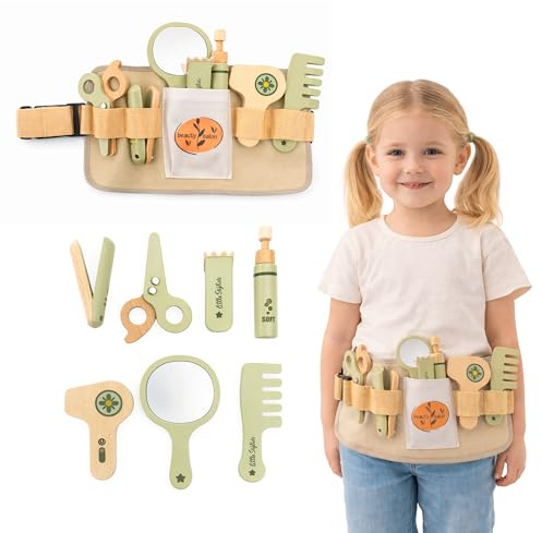 Mamabrum Kit de peluquería de madera para niños con cinturón de accesorios 8 piezas peluquería juguete creativo juego de roles tijeras secadora plancha de pelo