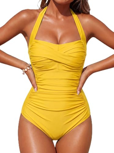 Smismivo Traje de Baño de Una Pieza para Mujer Halter Push Up Bañadores Mujer Natacion Vintage Retro Slim Elegante Bañador Control del Vientre Bañador Amarillo