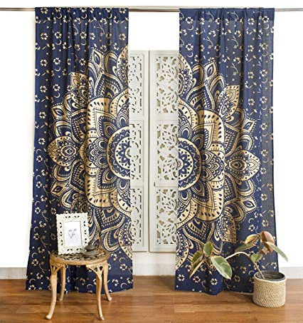 Popular Handicrafts - Cortina de Paneles con diseño de Mandala en Color Degradado pasión, Estilo Hippie Bohemio Indio, Color Azul y Dorado