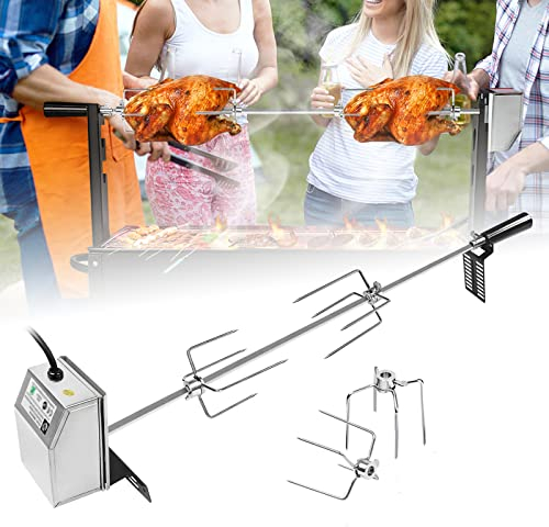 ACXIN Set di spiedo elettrico in acciaio inox, 107 cm, con motore, con spilli da carne, spiedo girevole elettrico, griglia con 4 forchette da carne, per campeggio, feste, giardino, picnic (220 V – 240