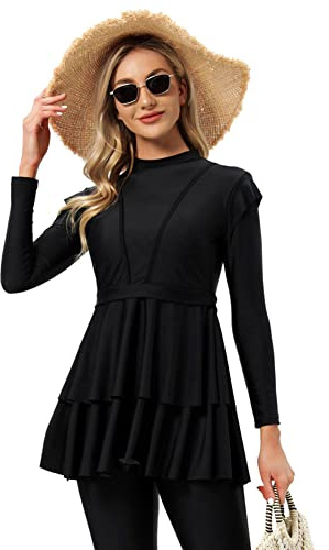 OBEEII Maillot de bain musulman 3 pièces pour femme - Couleur unie - Maillot de bain modeste à manches longues - Hijab arabe islamique - Burkini - S-4XL, Noir , 3XL