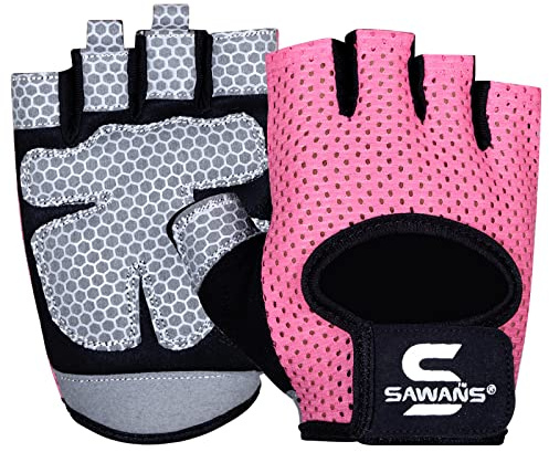 SAWANS Gym Gloves for Men & Women Weight Lifting Fitness Gloves Breathable Ladies Gloves Training Non-Slip Silicone Padded Palm Grip Protection Exercise Workout Cycling Pull ups Microfiber (Pink, L)