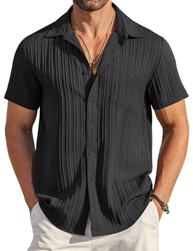 COOFANDY Men's Linen Shirts Short Sleeve Button Down Shirt for Men Fashion Summer Beach Shirt Black