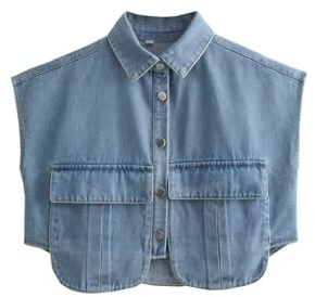 Perbai Camisa corta con botones para mujer de verano sin mangas con cuello holgada top de mezclilla con bolsillos, azul claro, M