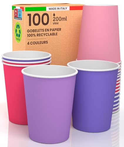 100 Bicchieri in Carta 200ml PrincessMix Ecologici Biodegradabili Monouso Made in Italy Asporto Bevande Calde Acqua - MIX di Colori Rosa Lilla Viola Fucsia - Prodotto e Confezionato in Italia