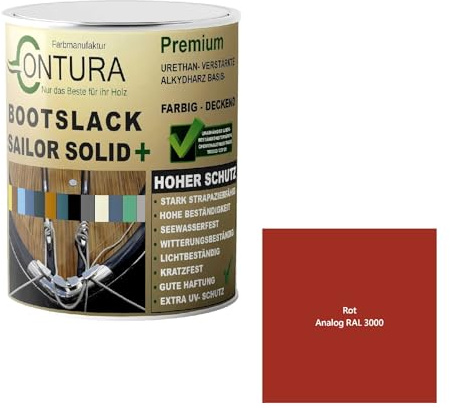 Contura Bootslack Farbig SEIDENMATT Yacht- Buntlack Metall Holz GFK Holzlack Boot Farblos (Rot - RAL 3000 Analog, 500ml.)