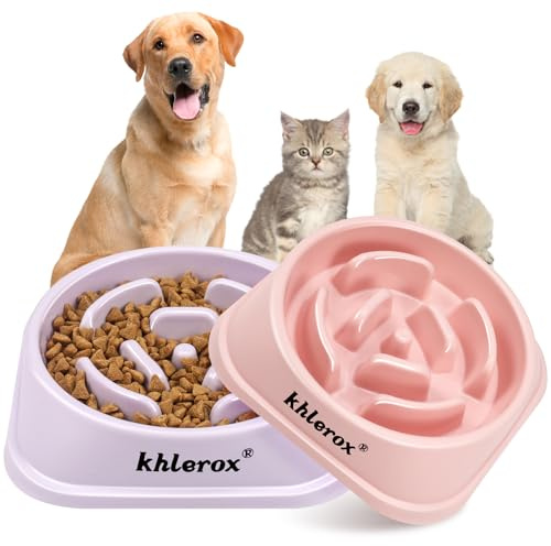 Slow Feeder Dog Bowls, 2 Pieces, Non-Slip Pet Food Bowls, Anti-Choking and Interactive Bloating Stop Dog Bowls for Small and Medium Dogs and Cats (Pink and Purple)
