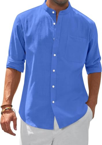 siliteelon Men's Shirts Grandad Collar Long Sleeve Banded Collar Linen Shirts Regular Fit Beach Shirt with Pocket