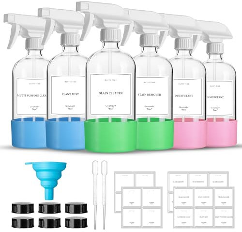 GIVAMEIHF 473 ml genomskinliga glassprayflaskor, 6-pack glassprayflaskor påfyllningsbar tom flaska med justerbart munstycke, sprayflaska för eteriska oljor, rengöring, husdjur, hårspray
