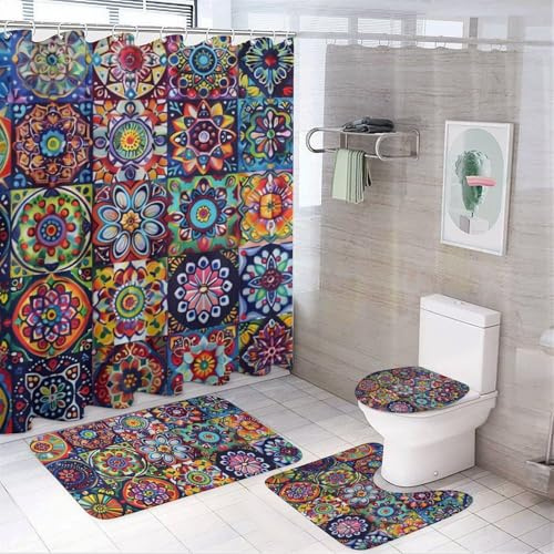 HDESDIS 4Pcs Colorful Boho Minimalist Shower Curtain Sets, 4pcs Mandala Floral Fantasy Shower Curtains for Bathroom with Rugs, Toilet Lid Cover, Bath Mat 72 x 72
