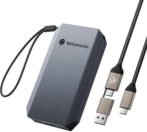 Yottamaster 1TB SSD Externo, hasta 2000 MB/s SSD Portatil 2 en 1 Cable USB-C/A con Correa Admite 4K ProRes HDR Compatible con iPhone 16/17 Pro MAX, Smartphone, Tableta, Ordenador portátil