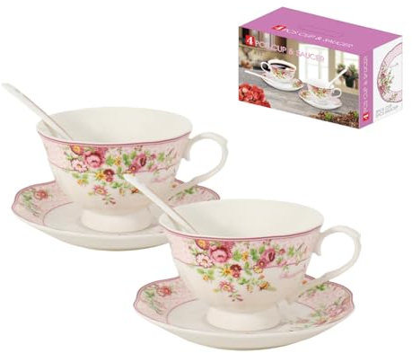 Cup and Saucer Sets of 2 with Spoon, 8oz Large Tea/Coffee Cups and Saucers New Bone China Floral Vintage Cup & Saucer Sets Porcelain Tea Latte Mugs -Microwave Dishwasher Safe