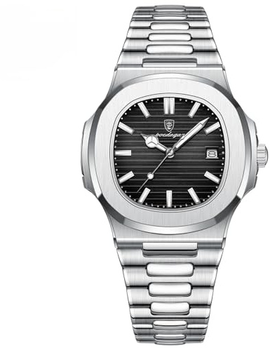 Poedagar Orologio da polso da uomo alla moda, cinturino in acciaio inox, al quarzo, impermeabile, luminoso, con data, quadrato, da uomo, Argento Nero S