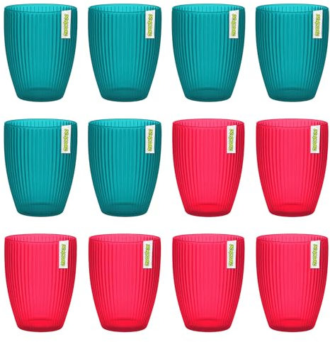 Dealonic® Plastic Picnic Glass Tumblers 450ml Set of 12 Washable Reusable Cups/Glass Durable Retro Design for Summer Parties, BBQs, Indoor/Outdoor Bright Assorted Colours