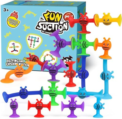 KAHEIGN 76Pcs Sucker Toys for Kids, 8 Tyles Suction Cup Kids Bath Window Building Toys Montessori Sensory Stress Release for Boys Girls Travel Birthday Christmas Children's Day Gifts