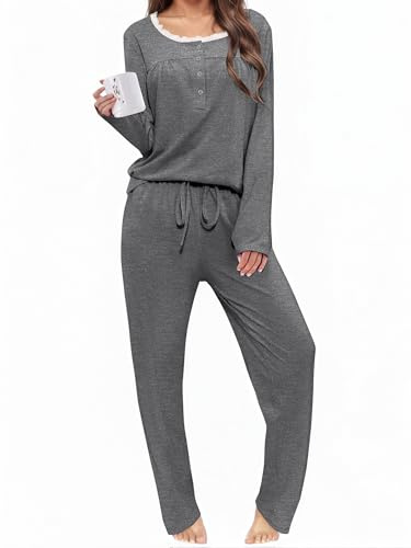 Aseniza pyjamas dam lång bomull pyjamas-set vinter långärmad pyjamas för dam hemmadräkt tvådelat nattklädesset med spets vardagskläder S–XXL