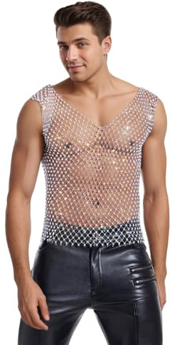 OhMill Canotta da uomo in Maglia con Strass Gilet Sexy Trasparente Slim Top Lucido Senza Maniche Uomini per Festa Night-Club Carnevale Data Raves T-Shirt