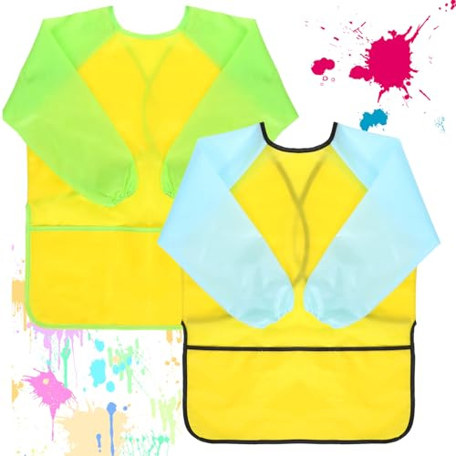 guduling 2 Pcs Kids Aprons for Painting,Kid Painting Apron,2 Colors Apron for Kids,Artist Smock for Toddler Age 5-8 with Long Sleeve and 3 Pockets for Kid Paint Cooking Baking(Yellow and Light blue)