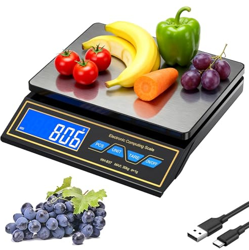 Báscula de cocina digital, 30 kg, 1 g, acero inoxidable, báscula digital de cocina, báscula de cocina con pantalla LCD, USB C, recargable, función de conteo de tara, 8 unidades de medida, báscula de
