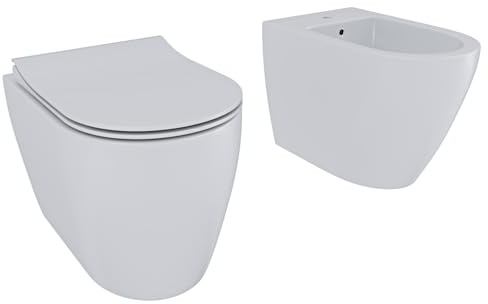 BRICOZONE Coppia Sanitari Filomuro Vaso WC Rimless Senza Brida E Bidet In Ceramica Filo Muro Filo Parete Design Moderno Con Copriwater Chiusura Soft Close Chiusura Rallentata (Bianco opaco)