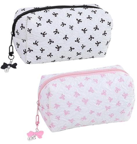 MLPKOI 2 Pezzi Piccola Borsa per Il Trucco per Borsa, Beauty Case da Viaggio Pochette Donna Trucchi con Texture Goffrata Pieghettata, Fiocco e Ciondolo di Perle (bianco e rosa)