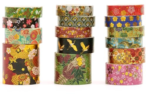 Songdao 15 rullar japansk Sakura Washi-tejp, set, traditionell kimono, dekorativa maskeringstejp, färgglada för konst, gör-det-själv-hantverk, dagbok, planerare, scrapbook, förpackning (stil 4)