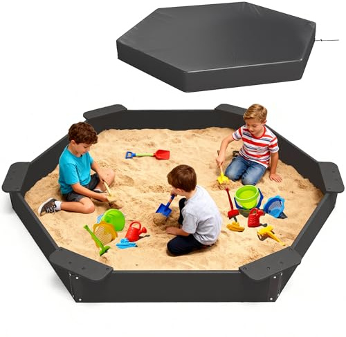 FOOWIN Hexagonal Outdoor Sandbox with Cover for Kids, HDPE Large Sandpit w/6 Benches, for Aged 3-12 Years Old, Sand Box for Children, Bottom Liner,Black