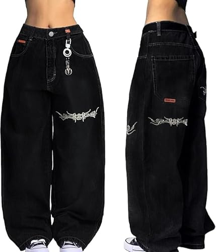 Baggy Jeans for Women Y2k Hip Hop Goth Street Wide Leg Jeans with Skeleton Print Loose Vintage High Waist Pants Street Wear Daily Oversized Boyfriend Punk Pants Grunge Skateboard Stretchy Denim Jeans
