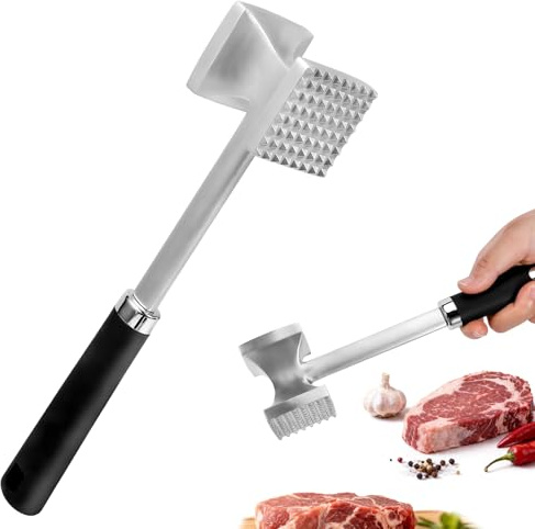 Aiseeok Batticarne Doppia Faccia, Martello per Carne in Lega di Alluminio con Impugnatura Antiscivolo, Utensile da Cucina Resistente per Bistecche Manzo Pollo Maiale Cotoletta