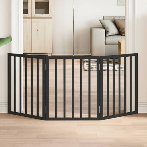YunCangg 3-TLG. Hundgrind vikbar svart av poppelträ 150 cm för inomhus och terrass, fristående med galler, säkert skydd för hundpip, valppip, trädgård och gård