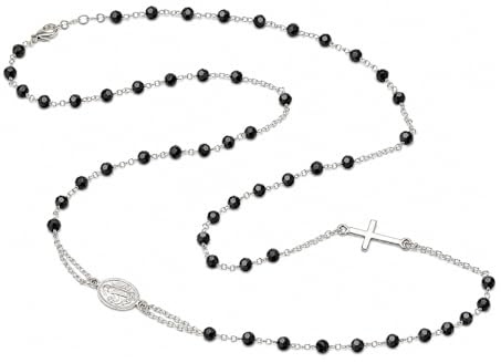 amorili Collana Rosario Uomo Donna in Argento 925 con Postine e Grani Neri Sfaccettati – Collana Religiosa Cattolica Cristiana con Croce e Medaglia Miracolosa – Gioiello di Fede Elegante cll1012