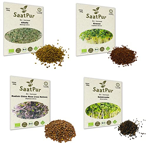 1 kg BIO Keimsprossen Mischung -4 Sorten Mix- Keimsaat 4 x 250 g Samen für die Sprossenanzucht Alfalfa, Kresse, Radies, Salatrauke Sprossen Microgreen Mikrogrün