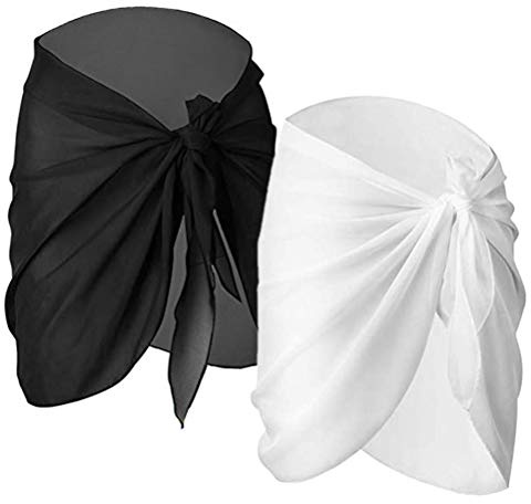 BaiJ Donne Spiaggia Wrap Sarong,2 Pack Sarong Pareo da Spiaggia in Chiffon Donna Pareo Mare Chiffon Bikini Cover Up Coprire Gonne Avvolgent for Holiday Nuoto Nero+Bianco