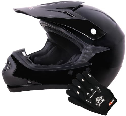 Zorax ZOR-X15 Kids Motocross Helmet & Gloves - Black L (53-54cm) | Gloves L(7cm) Motorbike ATV Dirt Bike BMX Quad Off Road Motorcycle MX Helmet ECE 2206
