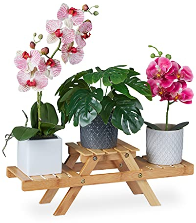 Relaxdays Blumentreppe, mit 3 Ablagen, für die Fensterbank, aus Bambus, Pflanzenregal, HBT: 17 x 51,5 x 15 cm, Natur